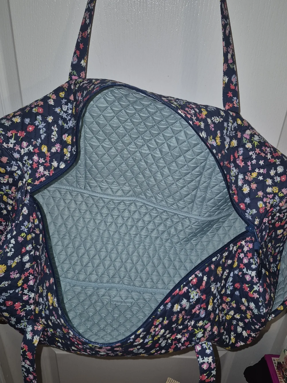 Vera Bradley Navy Quilted Floral Tote with Pink, Yellow and White Blooms